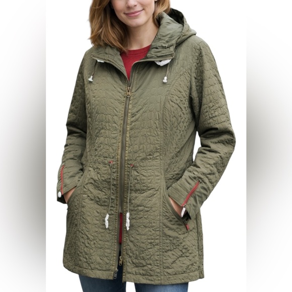 Montana Co Quilted Trench Barn Utility Coat Olive Green Removable Bib & Hood